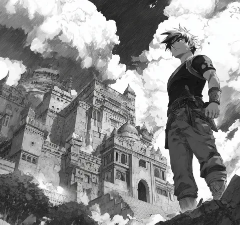历史架空题材漫画条目封面，城关与旌旗的远景